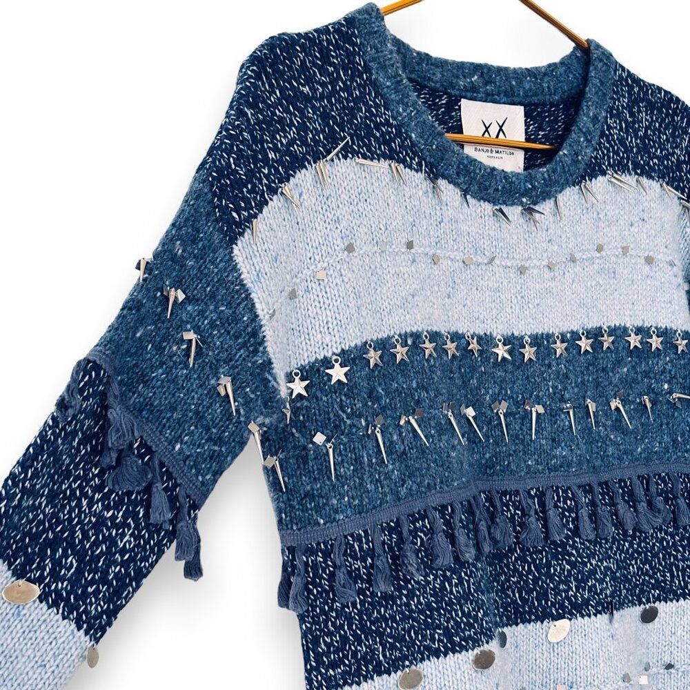 NWOT! Banjo & Matilda Embellished Blue Striped Sweater - Picture 2 of 9